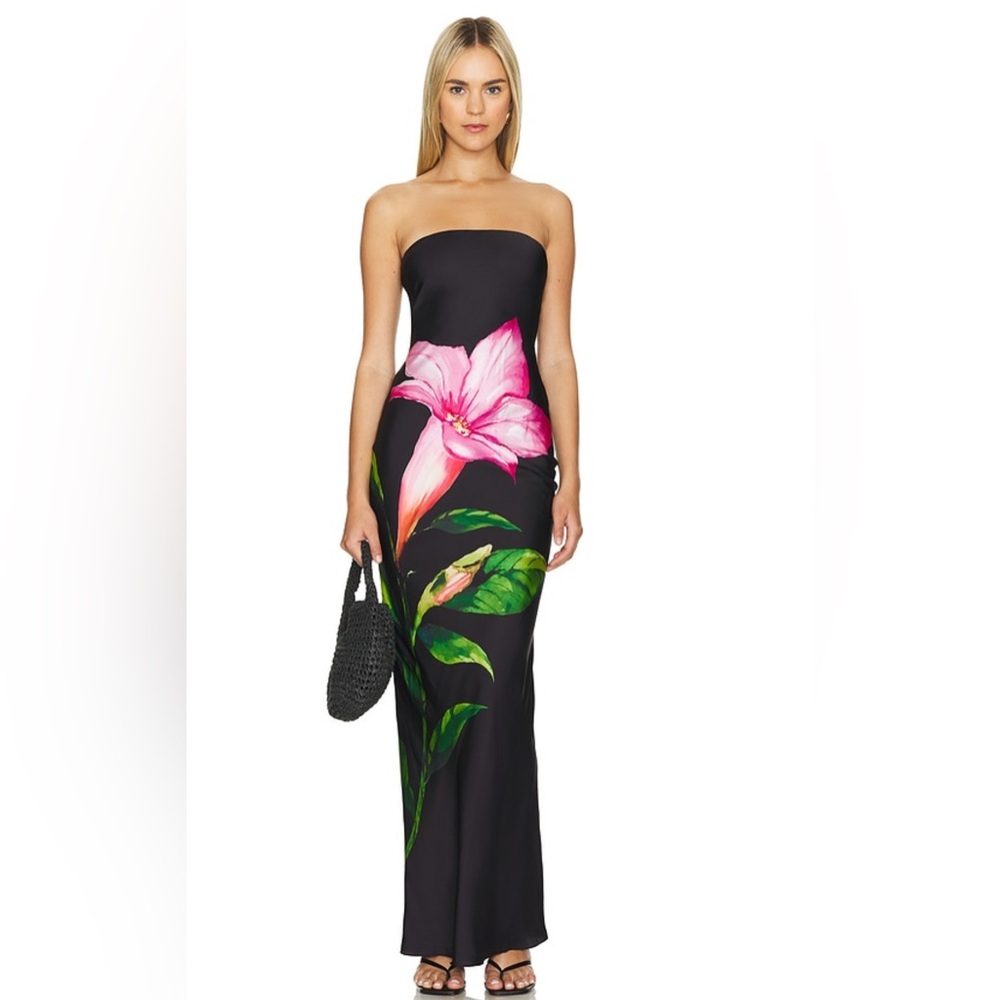Rococo Sand Black Strapless Dress with Pink Floral Design